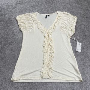 Dollz Ruffle Blouse Top Womens XL Cream V-Neck Short Sleeve Casual Stretch NWT